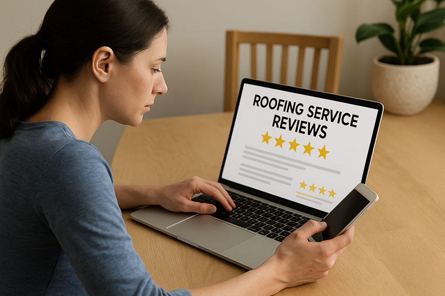 Homeowner reviewing contractor ratings and reading roofing service reviews.