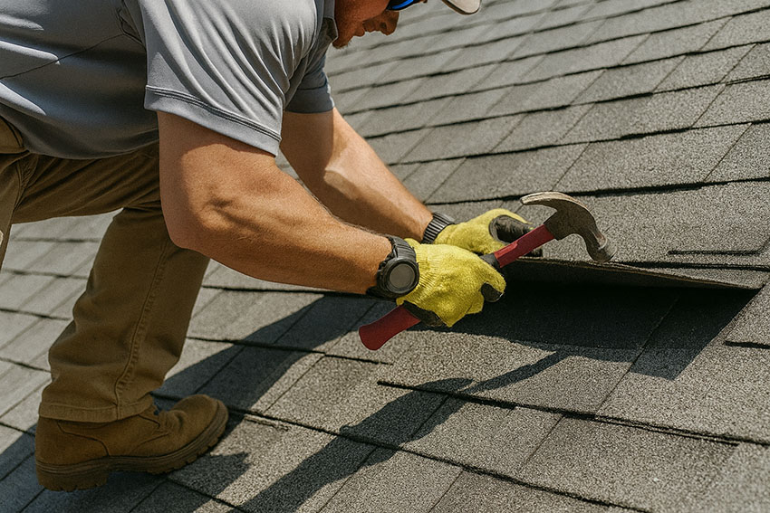 Roofer replacing damaged shingles during a roof repair job.